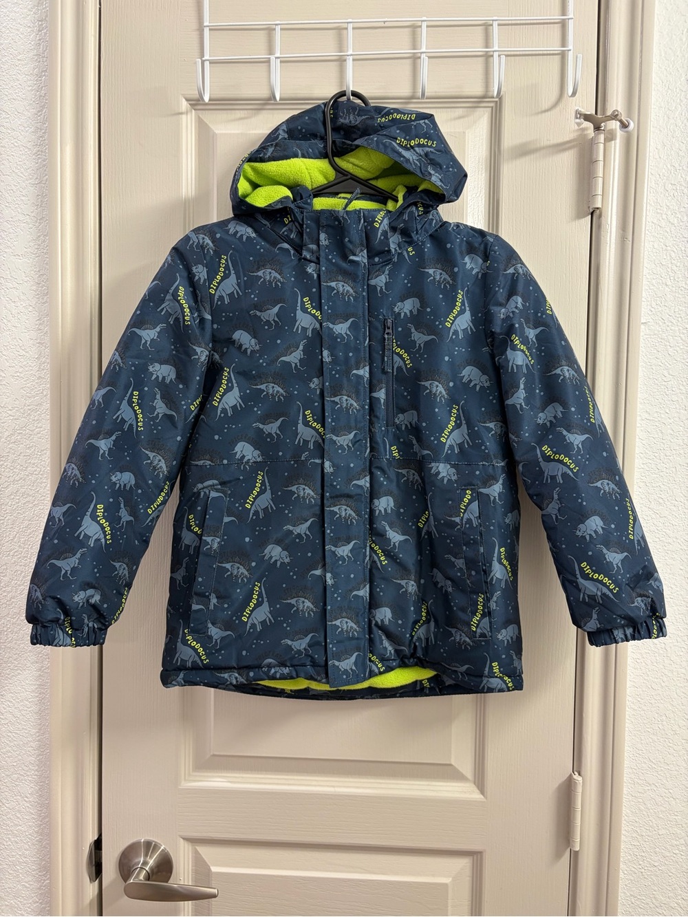 Kids Navy Dinosaur-Print Hooded Puffer Jacket with Lime Lining